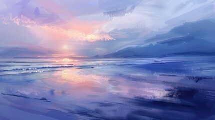 Stunning Sunset Ocean Art in Digital Painting Style, To provide a visually appealing and colorful digital painting of a beach sunset to be used as
