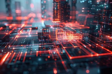 Technologic City with Red Lights and Abstract Design