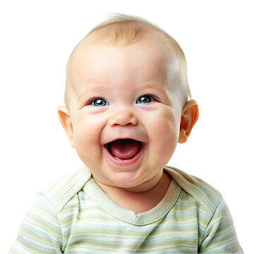 Cute baby boy looking at camera and laughing, isolated on transparent background