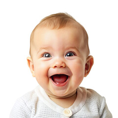 Cute baby boy looking at camera and laughing, isolated on transparent background