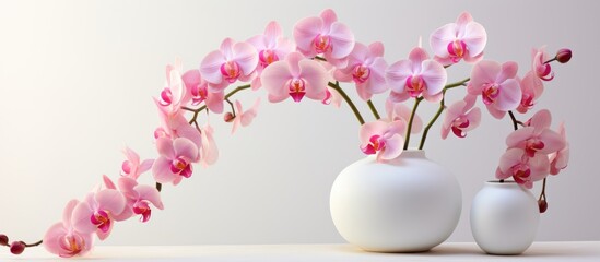 Pink orchid flowers arranged in a vase on a white surface