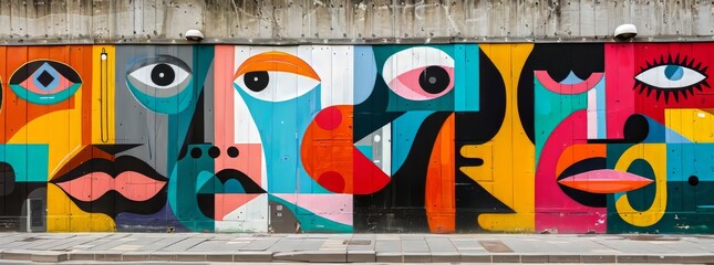 Whimsical street art mural on urban wall featuring abstract faces with bold graphic elements.