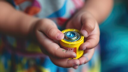 child's hands holding a small battery, illustrating concepts of curiosity and early education in energy and electronics - Powered by Adobe
