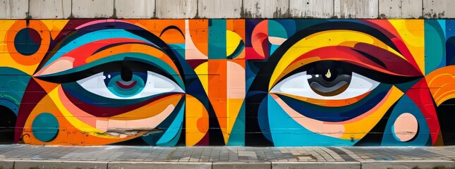 Colorful street art mural with abstract facial features and geometric elements on a wall.
