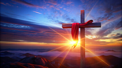 Sunset Christian cross with a red scarf tied to it, easter religious background blue sky.The cross at sunset: a symbol of hope.Easter Cross: the bright colors of faith.A red scarf on a cross: a symbol