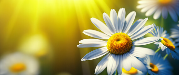 bright morning, daisy flowers on natural background, sun rays in the background, copy space for your text