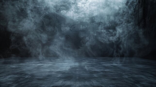 Smoke in a dark room. Fog in an empty studio room. Stage for product presentation. Wallpaper with mist effect. © Милана Золотарева