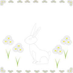 A cute Easter white rabbit with ears is sitting next to daisies. A place for your text