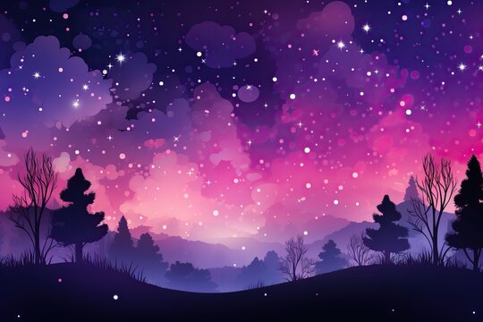 Beautiful fairytale and magical backgrounds with sky and mountains in magenta colors, beautiful starry sky with glow.