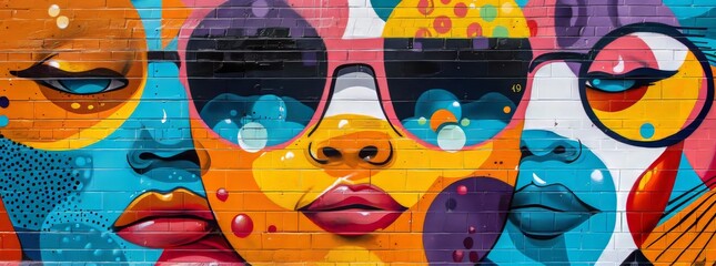 Colorful mural depicting a whimsical face with abstract elements on a brick wall.