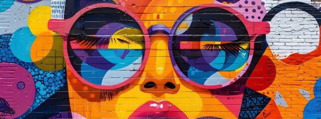 Colorful mural depicting a whimsical face with abstract elements on a brick wall.
