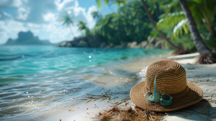 Fototapeta na wymiar Straw hat, bag, sun glasses and flip flops on a tropical beach.