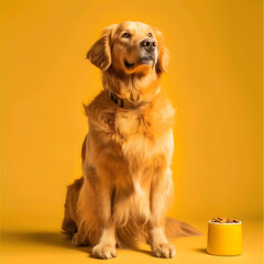  Happy Golden Retriever Posing with Food on Yellow Background.