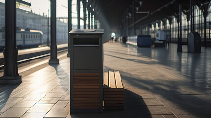Modern elegance podium displayed on railway station wooden bench. - obrazy, fototapety, plakaty