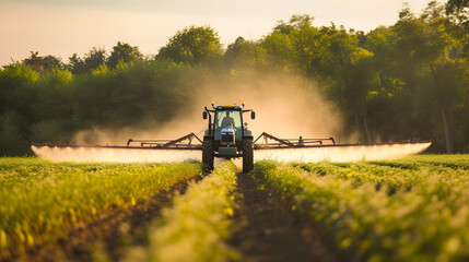 Farm Machinery Tractor Applying Pesticide on Crop Fields - obrazy, fototapety, plakaty