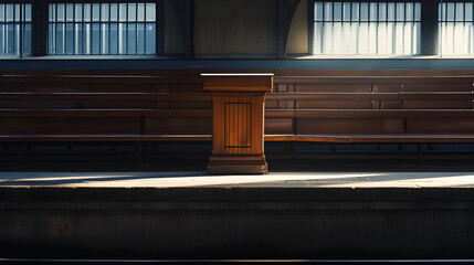 Vintage Charm Podium on Wooden Bench at Train Station.