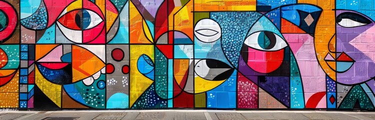 Eye-catching urban mural with a collage of abstract shapes and faces in bright colors.