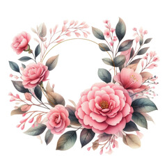 Floral frame, ring, vignettes, boho Camellia, roses, wreath of pink, white flowers with leaves on a white background. Watercolor Illustration. Design for greeting card, invitation, wedding - 753235841