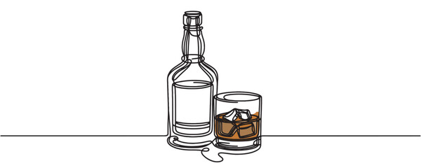 Continuous one line drawing. Bottle and glass of whiskey with ice. Vector illustration