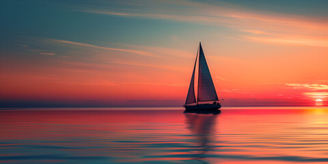 Sailboat drifting into the sunset. Sunset serenity. Sailboat silhouette on the horizon. Serene seascape with reflective waters.