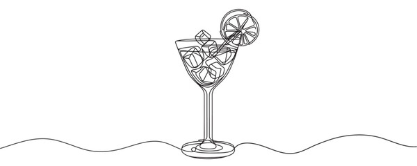 Continuous one line drawing of a cocktail drink. cocktail with a slice of lime. vector illustration.