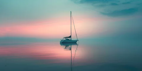 Zelfklevend Fotobehang Sailing boat in the sea at sunset. Beautiful seascape. Panoramic view. Minimalist sailing background of a sailboat reflecting on the still water. © Natart