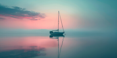 Sailing boat in the sea at sunset. Beautiful seascape. Panoramic view. Minimalist sailing background of a sailboat reflecting on the still water.