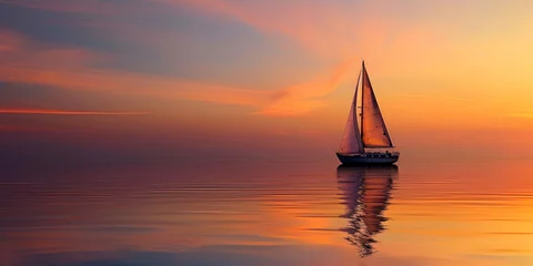 Deurstickers Sailing boat on the ocean at sunset. Sailing into the Sunset. Serene seascape with reflective waters. Minimalist sailboat reflections at twilight. © Natart