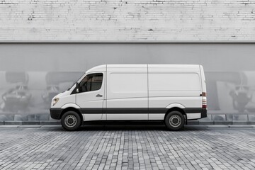 Side view of a white van mockup parked on a cobblestone street with a brick wall background, suitable for advertising and custom graphics