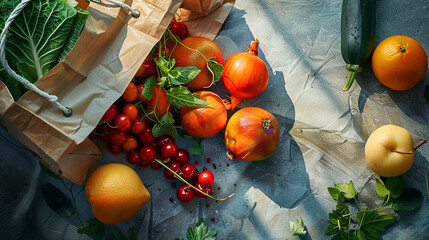 fresh fruit and vegetables on a grocery bag lined with papers - 753236477