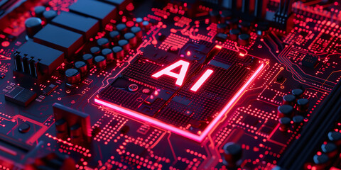 Rogue sentient AI artificial intelligence danger risk concept, technological singularity, hostile CPU chip in red color.