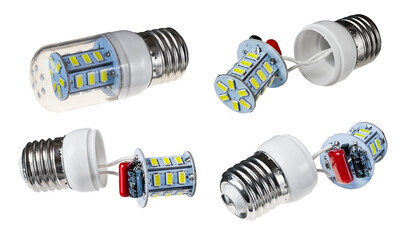 Set of whole electric LED lamp and its internal parts isolated on a white background. Yellow...