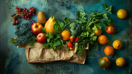 fresh fruit and vegetables on a grocery bag lined with papers - 753236628