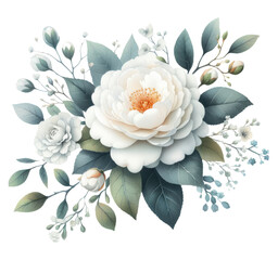 Spring boho bouquet, vignette, border with white roses, camellia. Watercolor illustration isolated on transparent background.