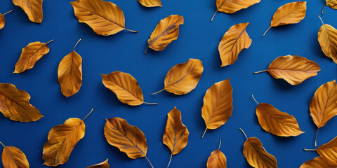 Colorful autumn leaves on a vibrant blue background, top view flat lay composition creating a seasonal and calming atmosphere