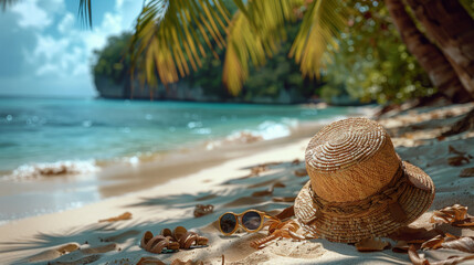 Fototapeta na wymiar Straw hat, bag, sun glasses and flip flops on a tropical beach.