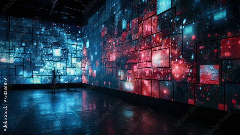 Poster blue and red glowing squares on a big screen created with generative ai