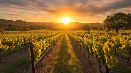 The setting sun casts a golden glow over row upon row of grapevines in a sprawling vineyard, symbolizing a rich harvest season. Resplendent.