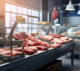 abstract interior of a butchery with variety of meat - obrazy, fototapety, plakaty