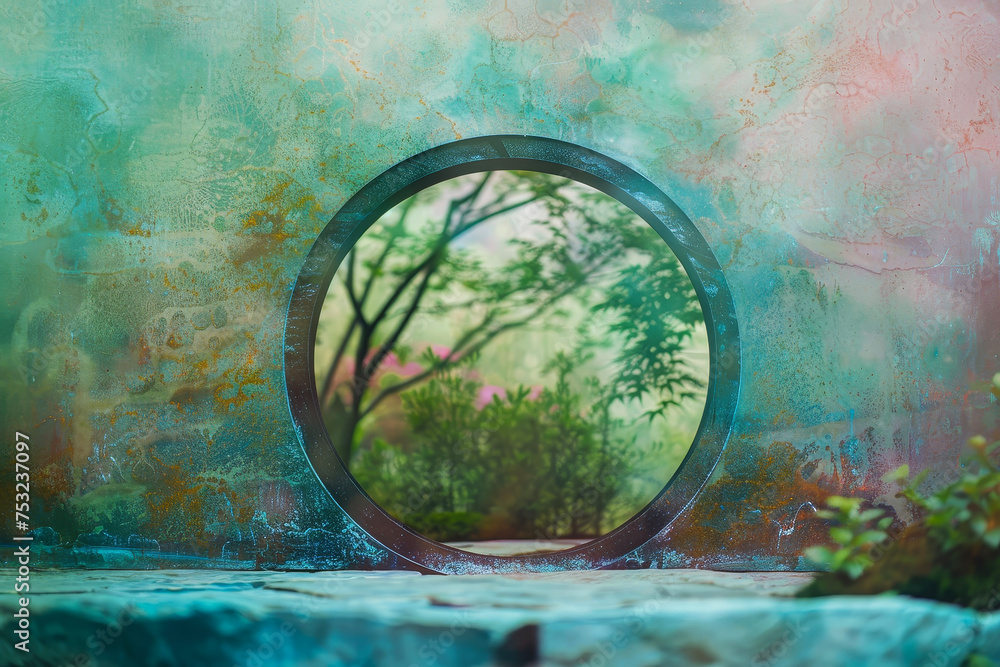Poster a moon gate stands in a misty garden. beyond its circular frame, layers of color blend seamlessly--j