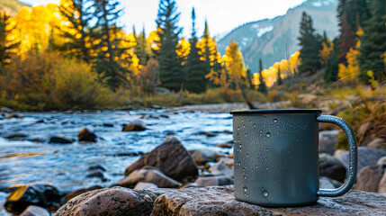 sunshine mountain river spruce tent photo metall mug - 753237005