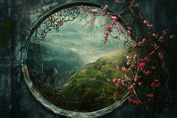 A moon gate frames a view of rolling hills. Peach blossoms cling to the arch, inviting passage.