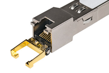 Standardized modular hot-pluggable network interface module on a white background. Close-up of...