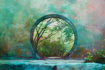 A moon gate stands in a misty garden. Beyond its circular frame, layers of color blend...