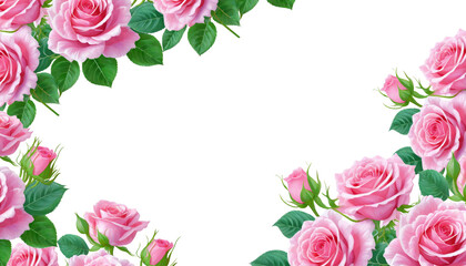 beautiful pink roses in full bloom, with soft petals and green leaves isolated on whitebackground