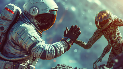 Astronaut doing high five with an alien on another planet. International Day of Human Space Flight concept