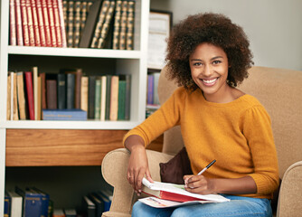 Woman, portrait and library education with books or scholarship information or university degree,...