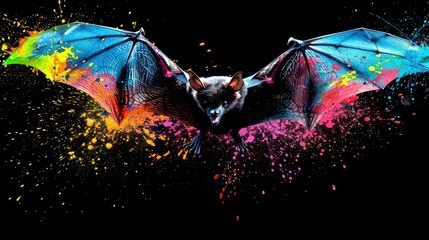 Winged creatures, cute animals  bat fly in the sky. Painted with paint splash technique. Isolated black background. Also for T-shirt printing pattern. Generative AI