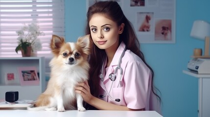 
a young female veterinarian with a dog in the office