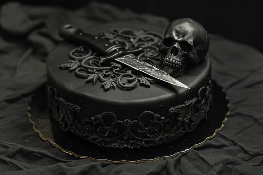 A gothic cake with black icing, a skull and a knife